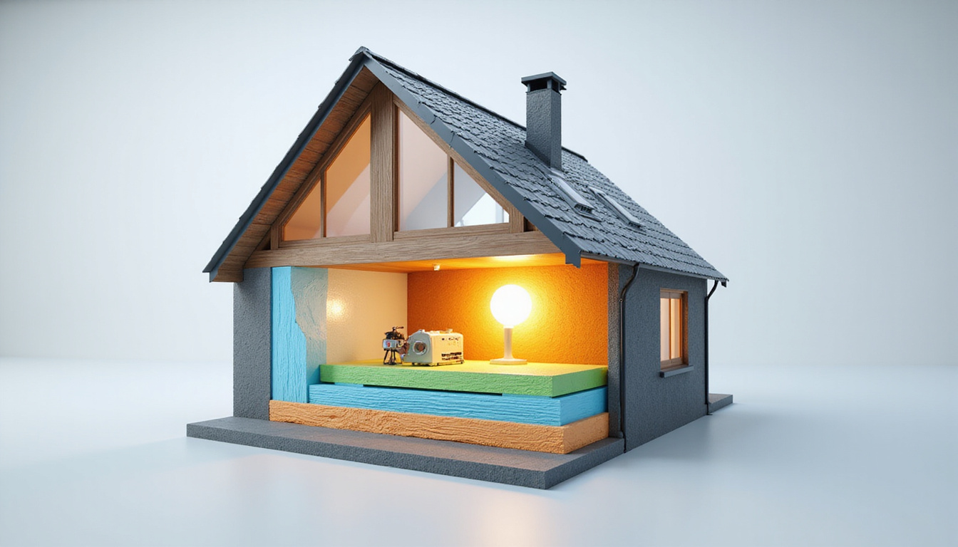  Cutaway house showing insulated skylight, lower energy bills graph, increased property value sign