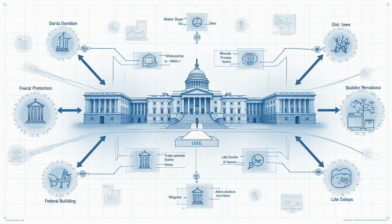  Blueprint-style flowchart showing prime and subcontract puzzle pieces connecting to federal building, data overlays