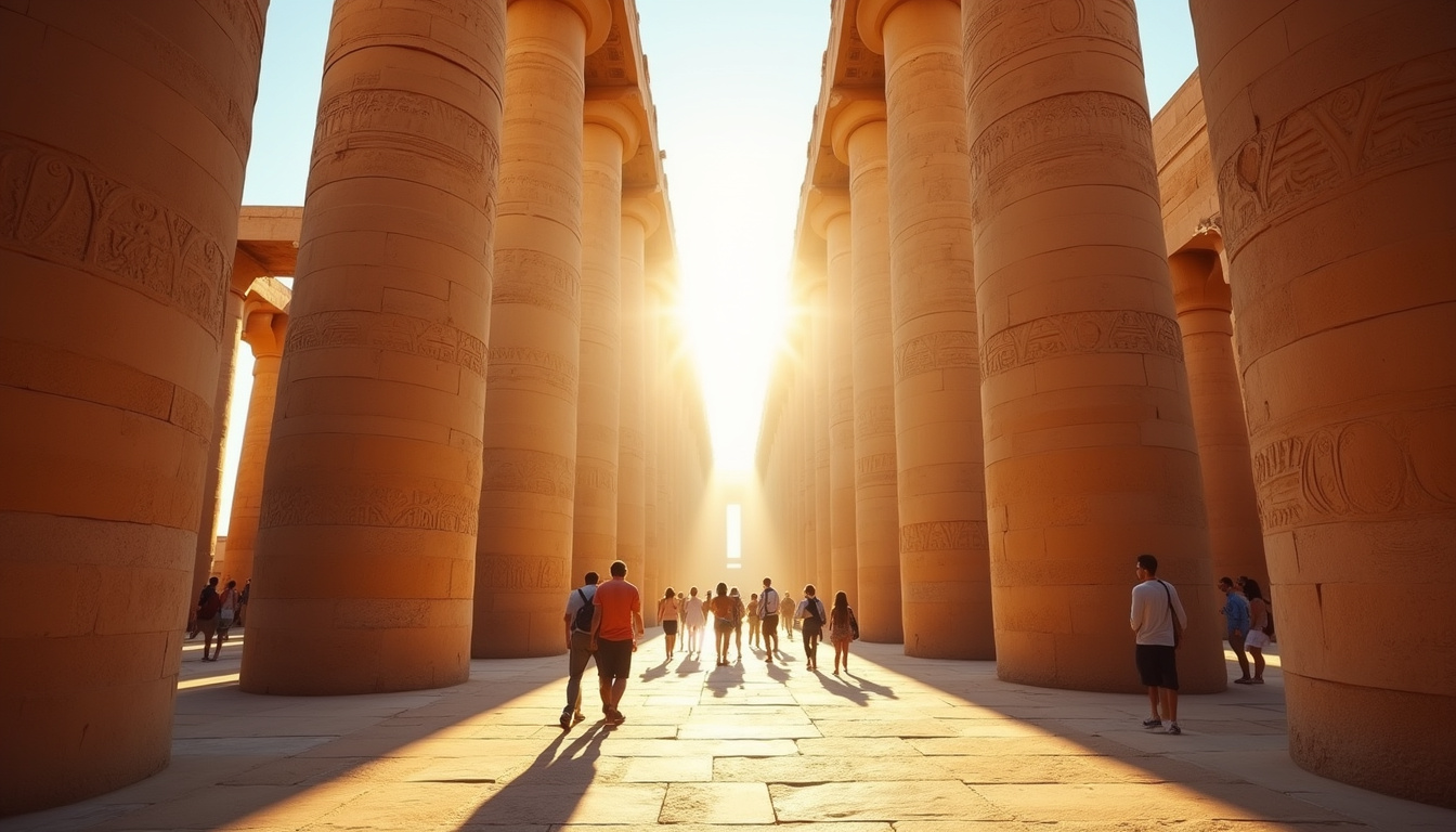 Ancient Karnak hypostyle hall, towering lotus columns, sunlight shafts, tourists awed