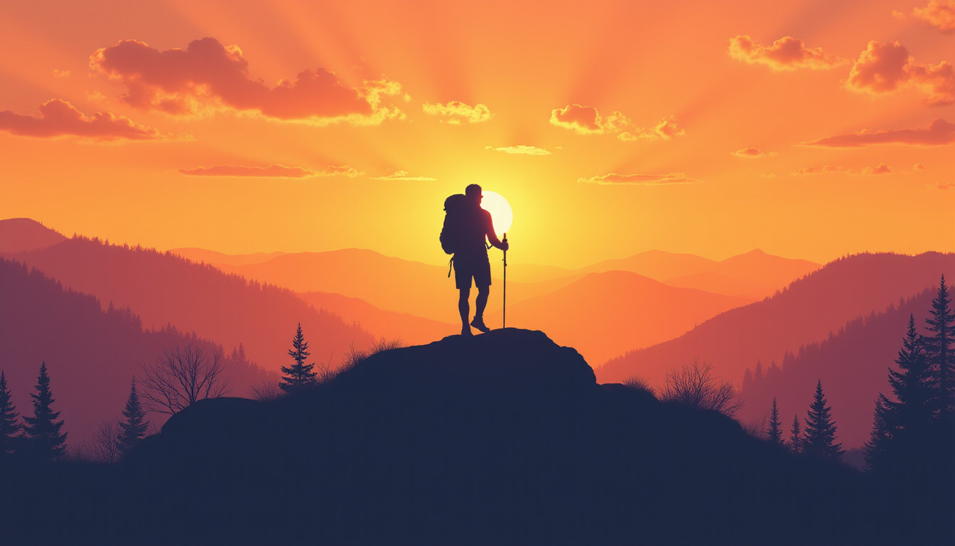  Confident person hiking sunrise, fit silhouette, balanced meal icons floating, science graph overlay