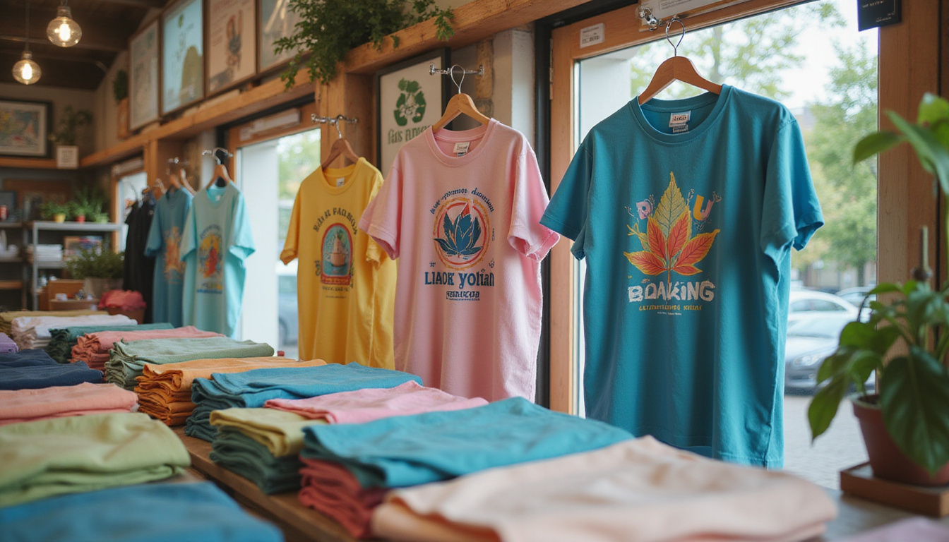  Eco-friendly t-shirt market display, leaf motifs, recycled tags, pastel palette, customers admiring soft fabric