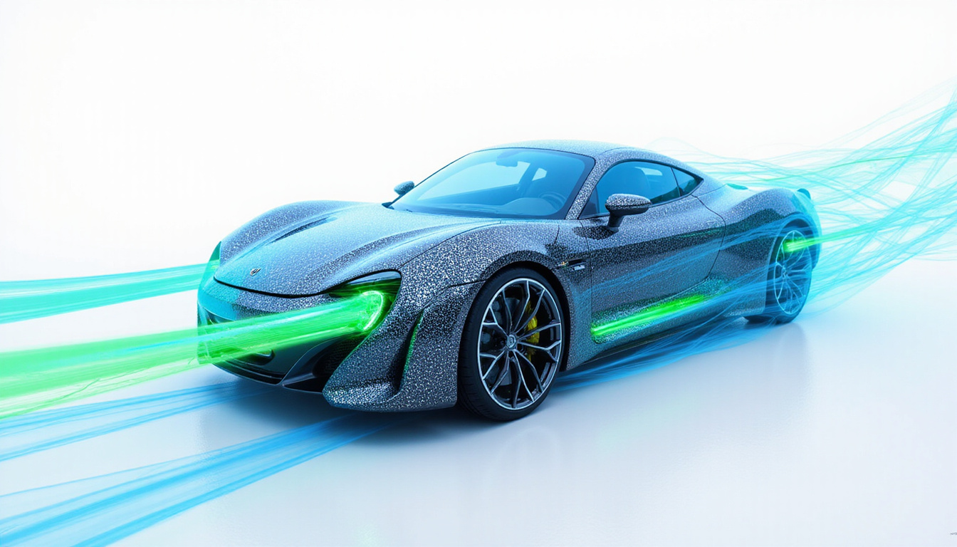  Aerodynamic airflow streamlines around carbon-fiber EV underbody, simulation overlays, blue-green gradients