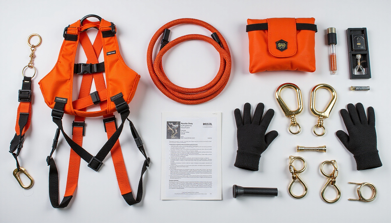 High-detail overhead layout of bulletproof recovery kit: tree protector, bow shackles, glove, manual, instructions