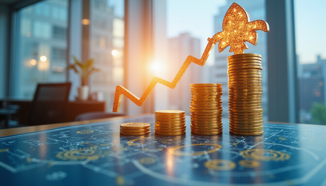  Fast-paced office rooftop meeting, blueprint, rocket-shaped coin ascending, holographic ROI numbers and gears