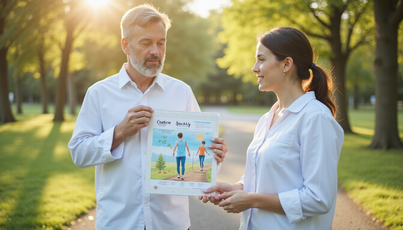 Physical therapist guiding gentle walking exercise outdoors, bright recovery chart, calm encouraging expression