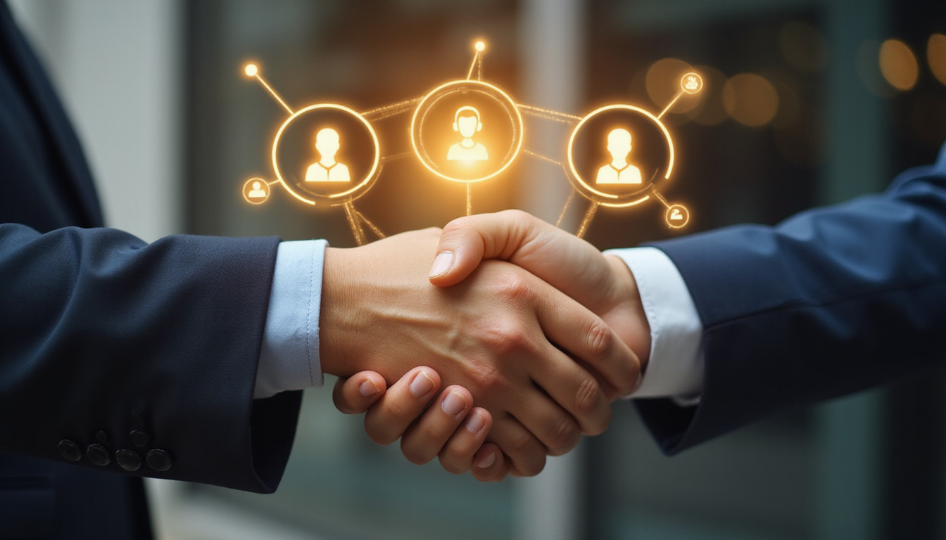 Confident attorney handshake with automated virtual assistant, client retention icons, golden light