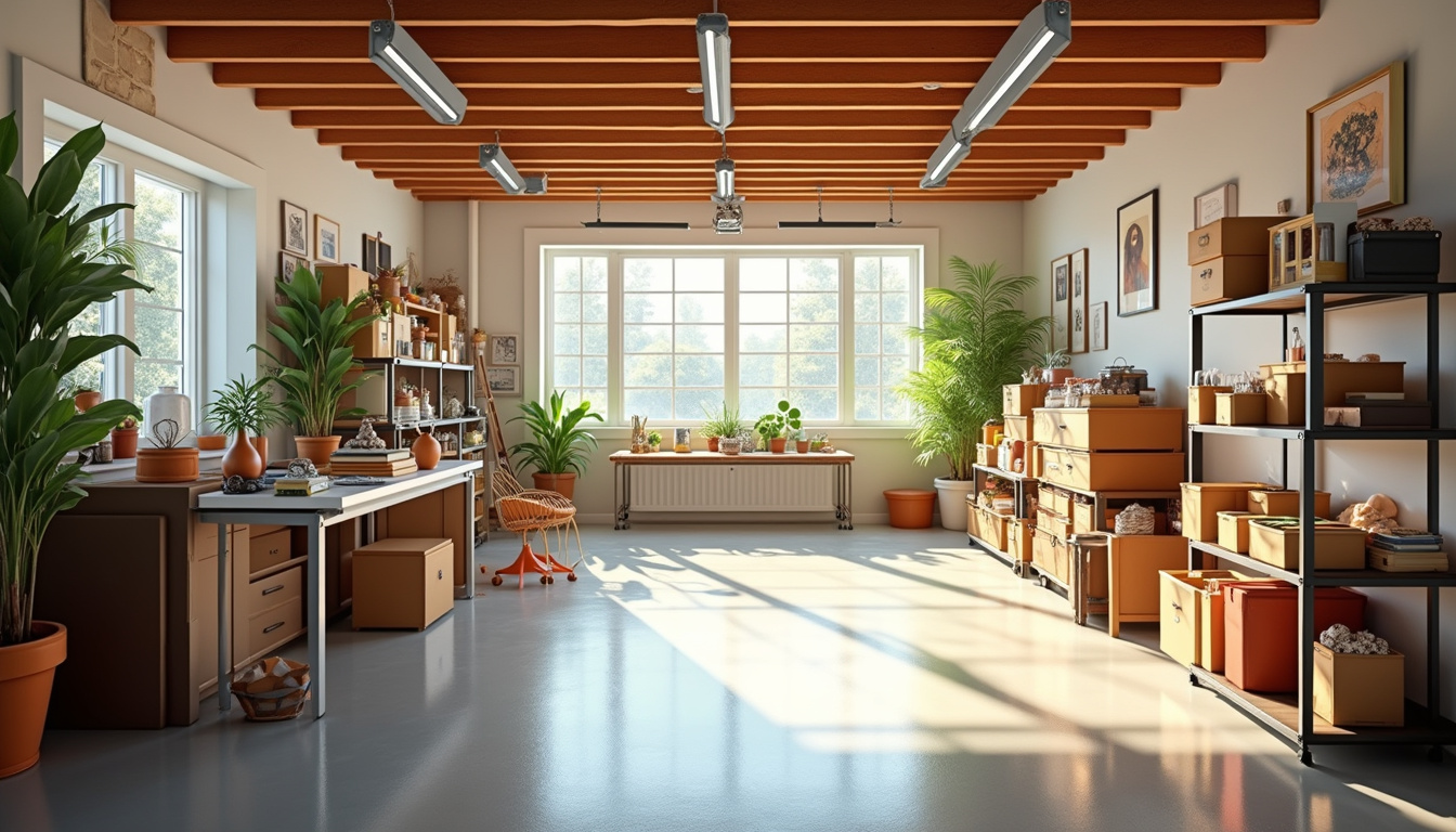  Bright renovated basement staged for sale, organized storage, garage-sale table with cash, warm natural light