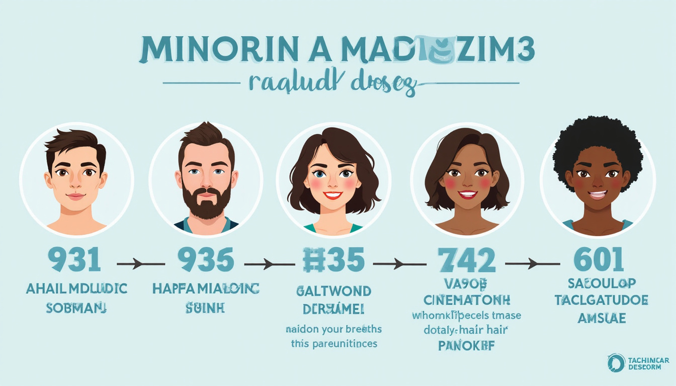  Educational infographic showing staged facial hair growth timeline, safe minoxidil dosage icons, inclusive skin tones