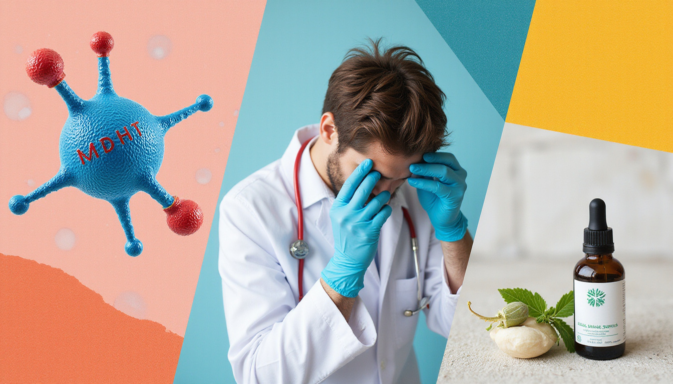  Science-themed collage: DHT molecule, dermatologist examining scalp, topical serum, botanical extracts