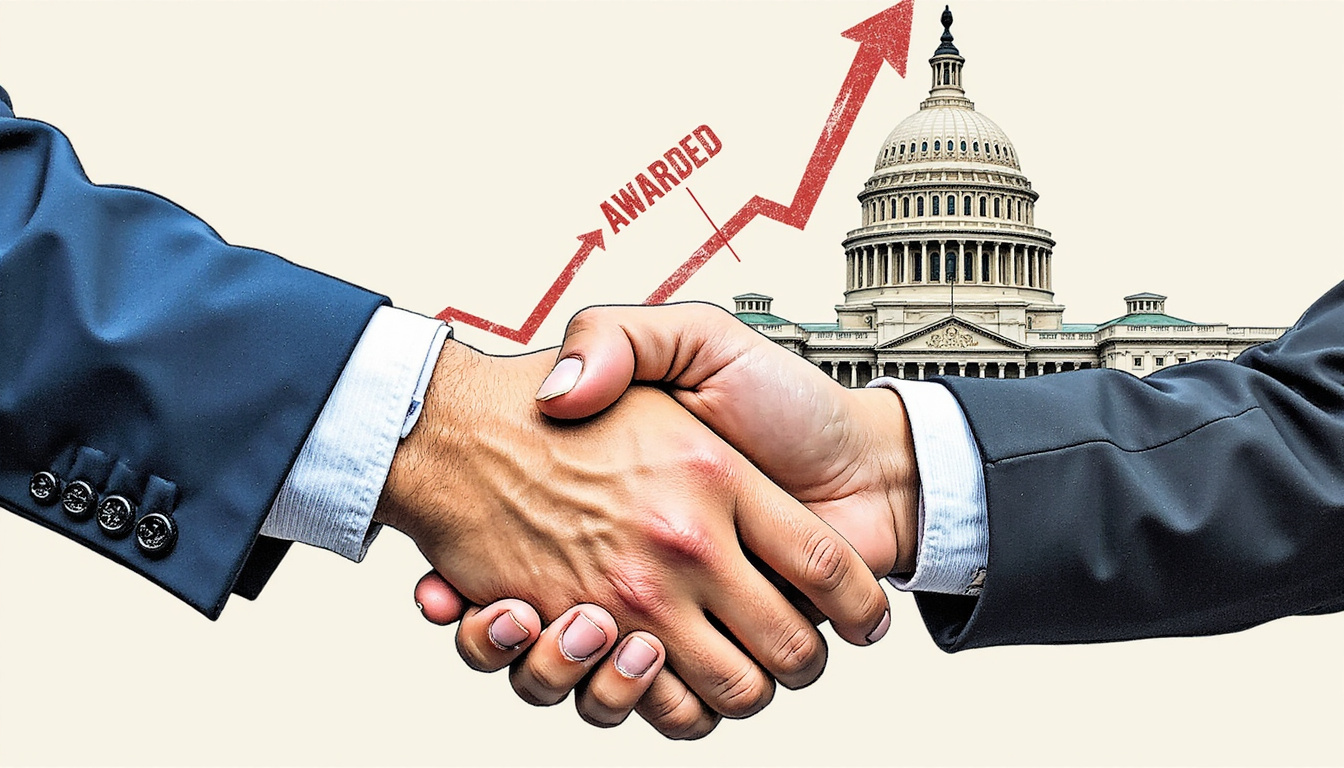  Handshake with prime contractor, stamped AWARDED on contract, rising bid graph, courthouse dome background