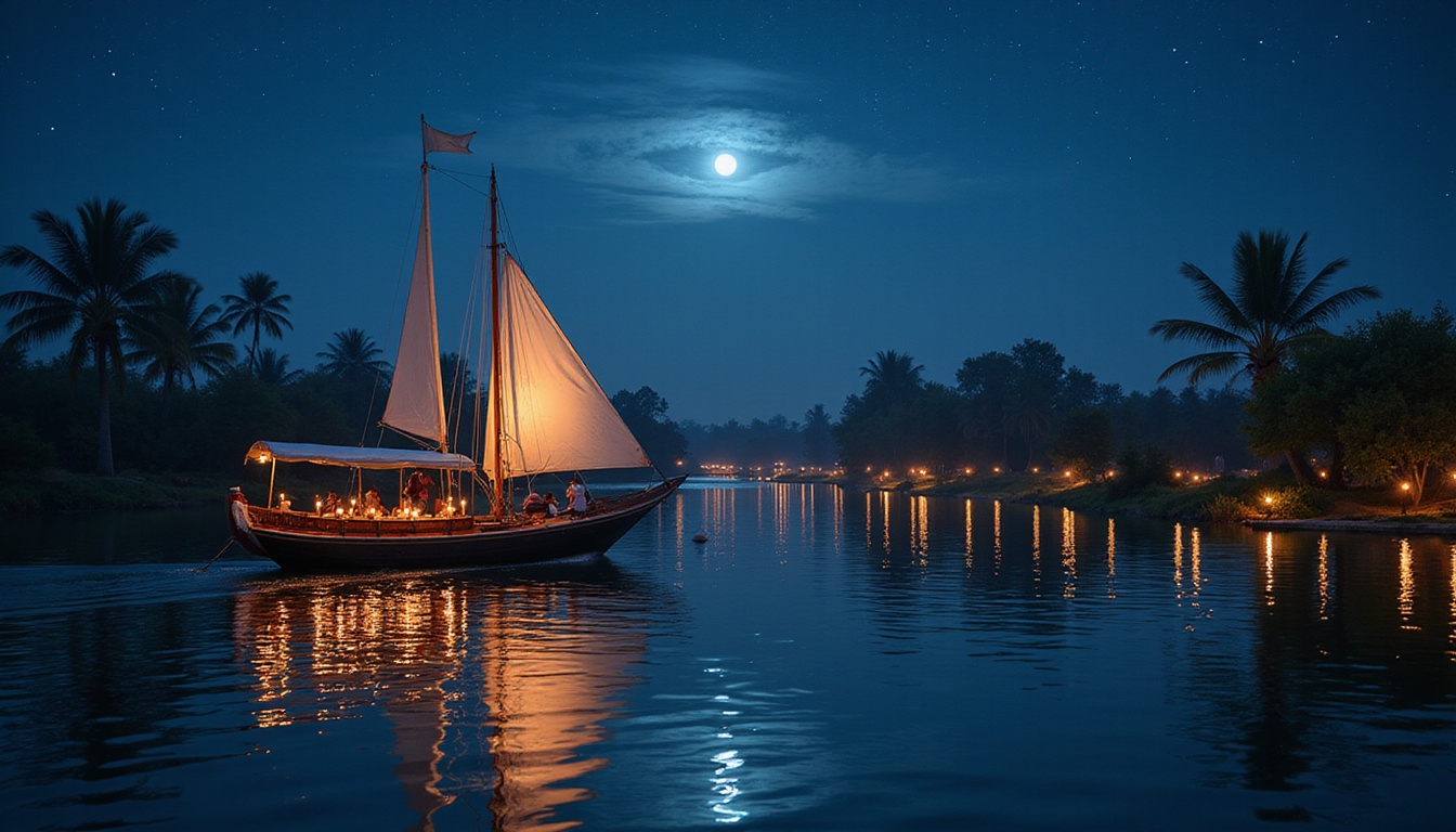  Moonlit felucca drifting past palm-fringed riverbanks, silk lanterns, intimate candlelit dinner under stars