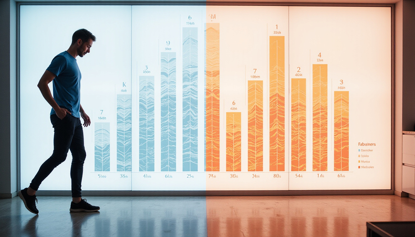  Athletic person checking macros chart, rapid fat loss transformation silhouette, minimalist clinical kitchen