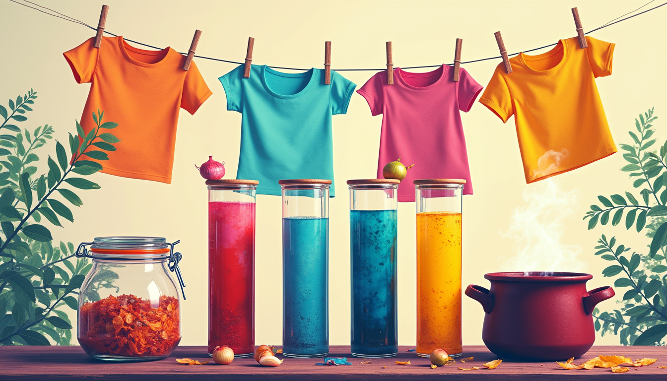  Colorful natural dye test tubes, jars of onion skins, steaming pot, clothesline drying vibrant shirts