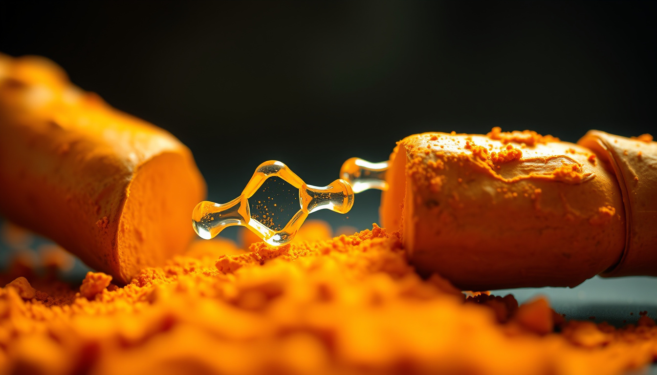  Close-up turmeric root and curcumin molecules merging, vibrant health aura, soft light