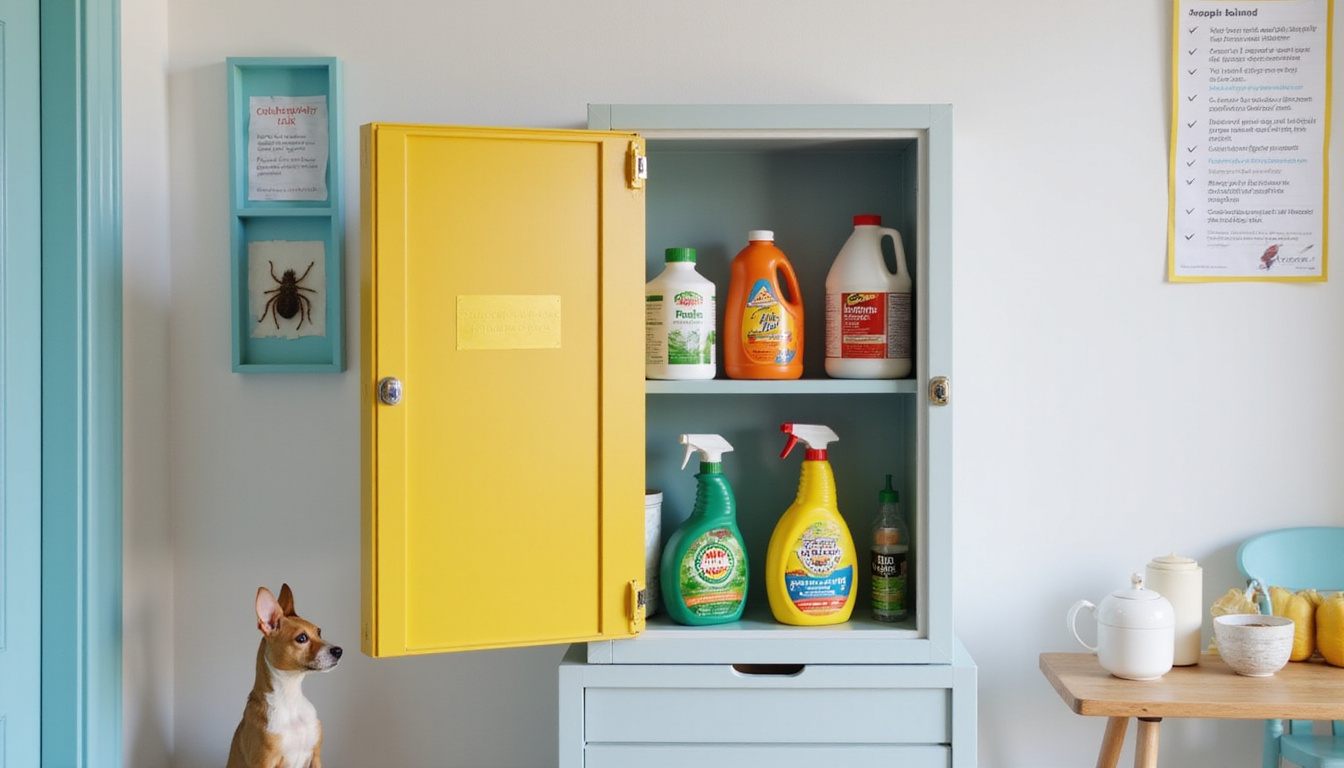  Childproof locked cabinet storing pesticides, bright label, safety checklist pinned nearby