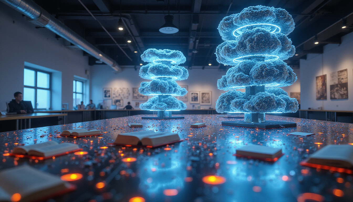  Meta-learning laboratory with stacked models, lightbeams transferring knowledge, atoms of algorithms, high-tech