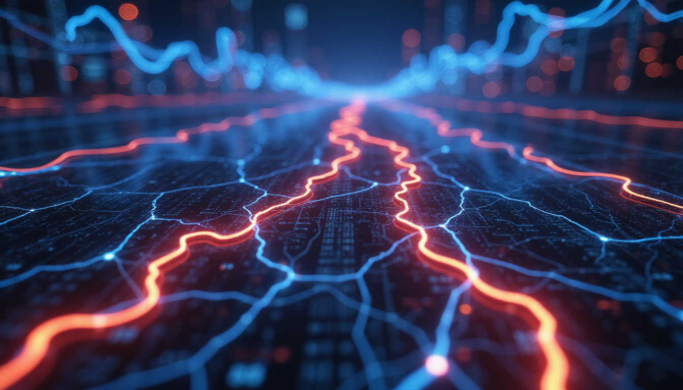 Close-up of glowing Lightning Network channels as tangled cables, warning signs, cryptographic code overlay