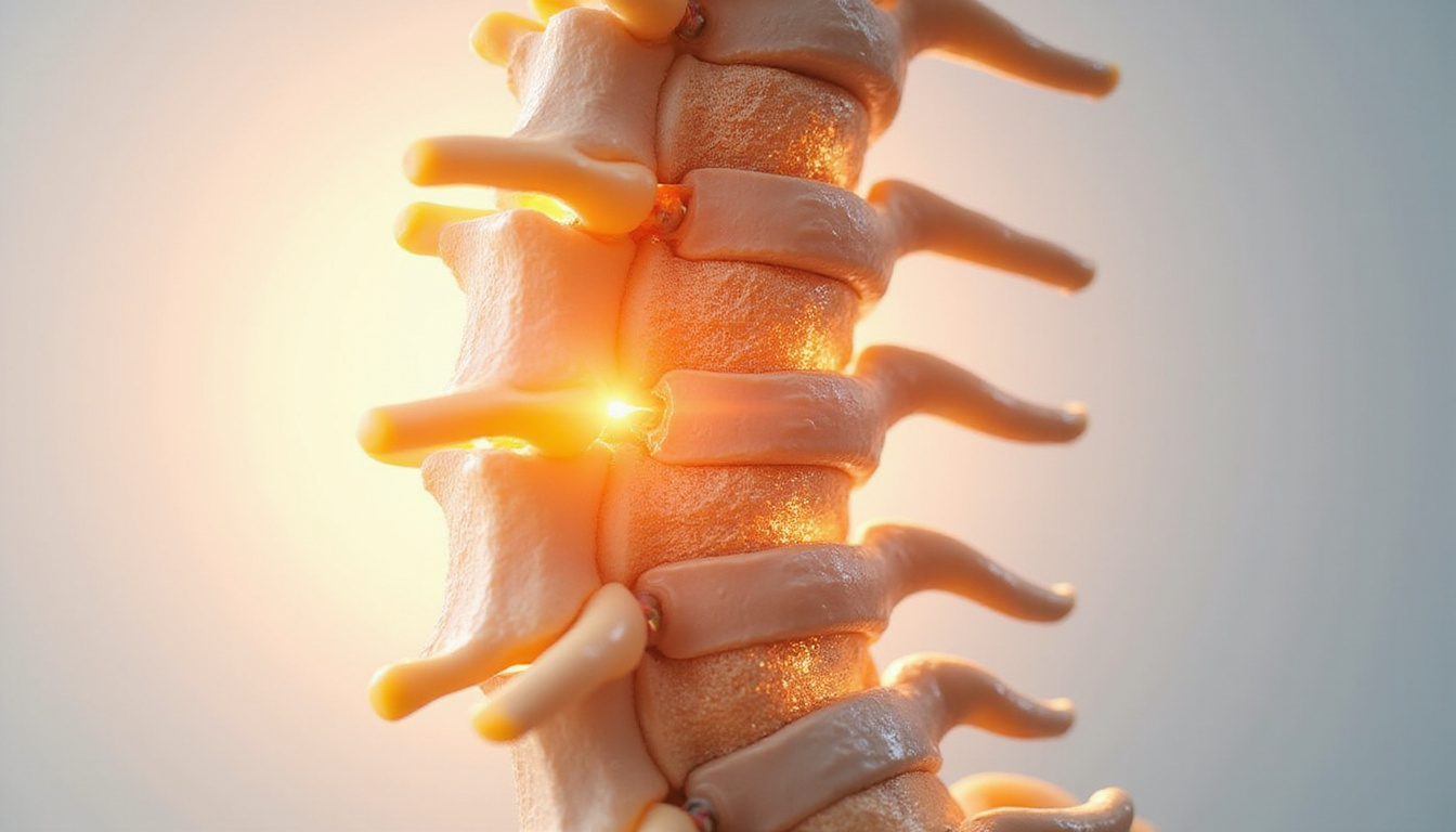 Detailed anatomical cross-section of lumbar spine showing degenerated disc, relief icons, warm soothing colors