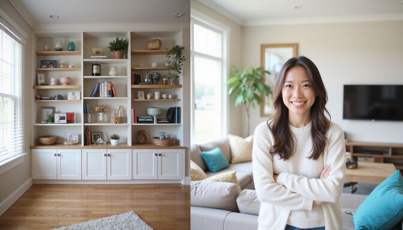 Before-and-after living room transformation, organized shelves, clear floors, homeowner smiling triumphantly