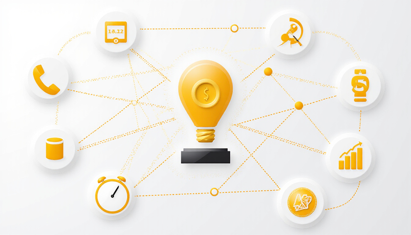 Abstract infographic of cost-saving call routes, golden nodes, arrows, digital clock, savings symbols
