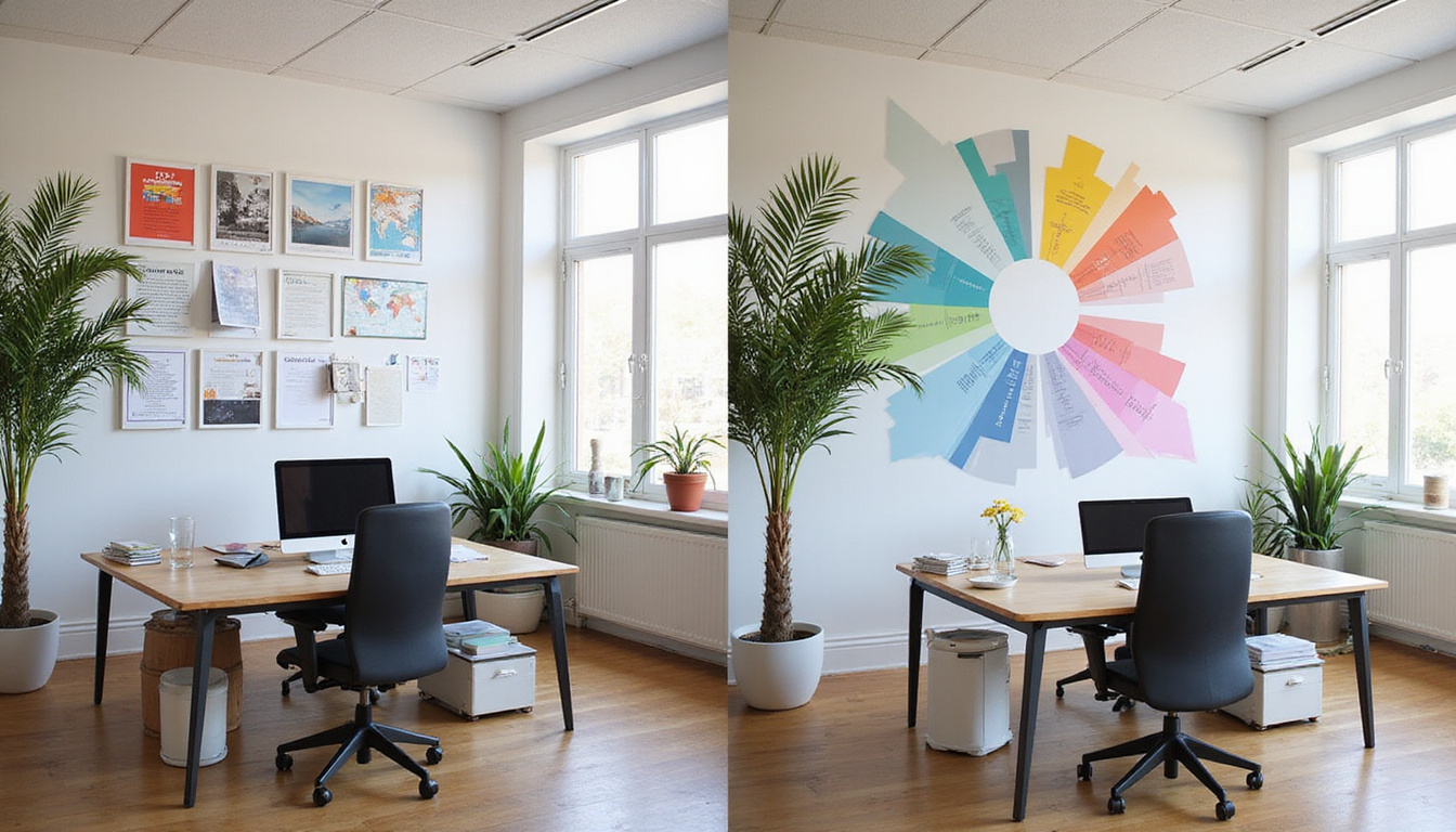  Before-and-after office transformation: cluttered workspace to streamlined, ergonomic layout, infographic overlay