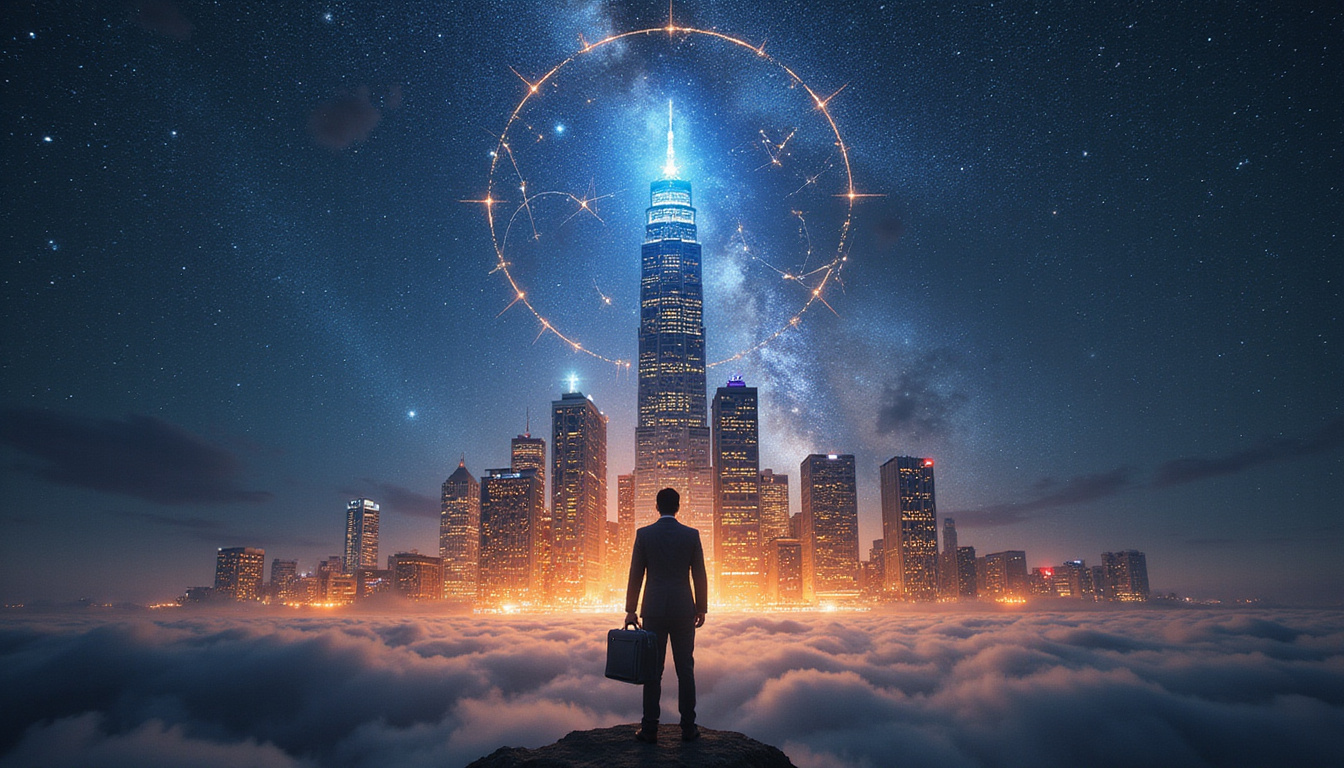 Mystic astrologer unveils career destiny: skyscraper and briefcase transforming into constellations, luminous birth chart