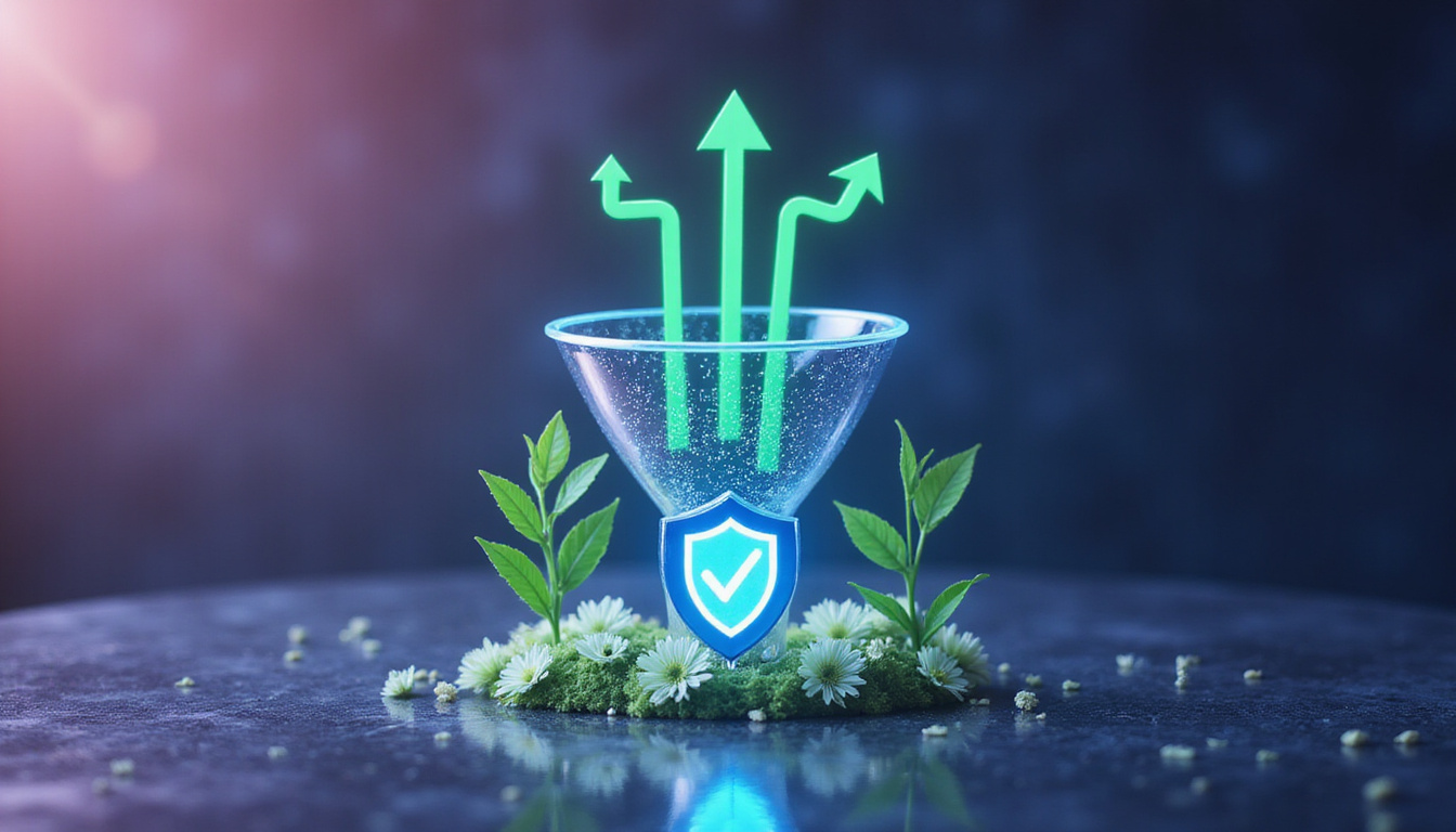  Futuristic conversion funnel made of glass, rising green arrows, secure shield, data points like flowers