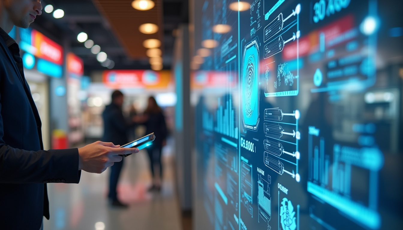  Retail storefront with integrated biometric ID scanner, staff reviewing alerts, digital fraud dashboard