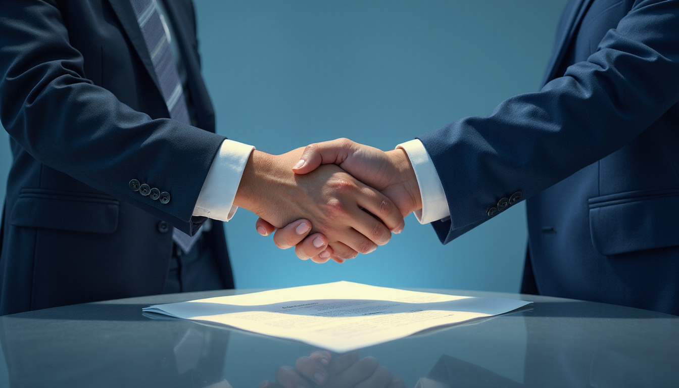 Consultant shaking hands with government official over glowing contract, handshake spotlight, confident modern lighting