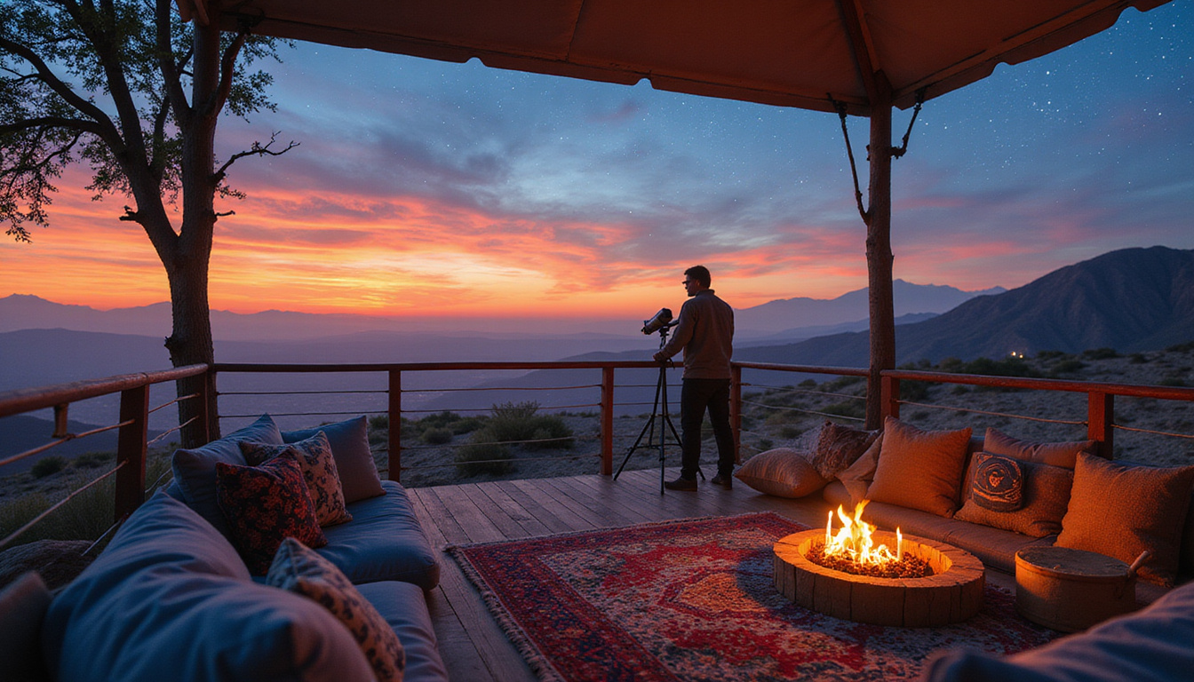  Cozy deck scene with cushions, tea, telescope, silhouetted sailors pointing at constellations over desert