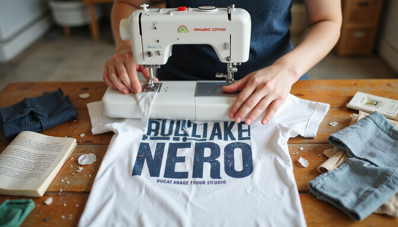  Sustainable fashion studio: seamstress repairing tee, visible mending, eco labels, recycled fabric swatches