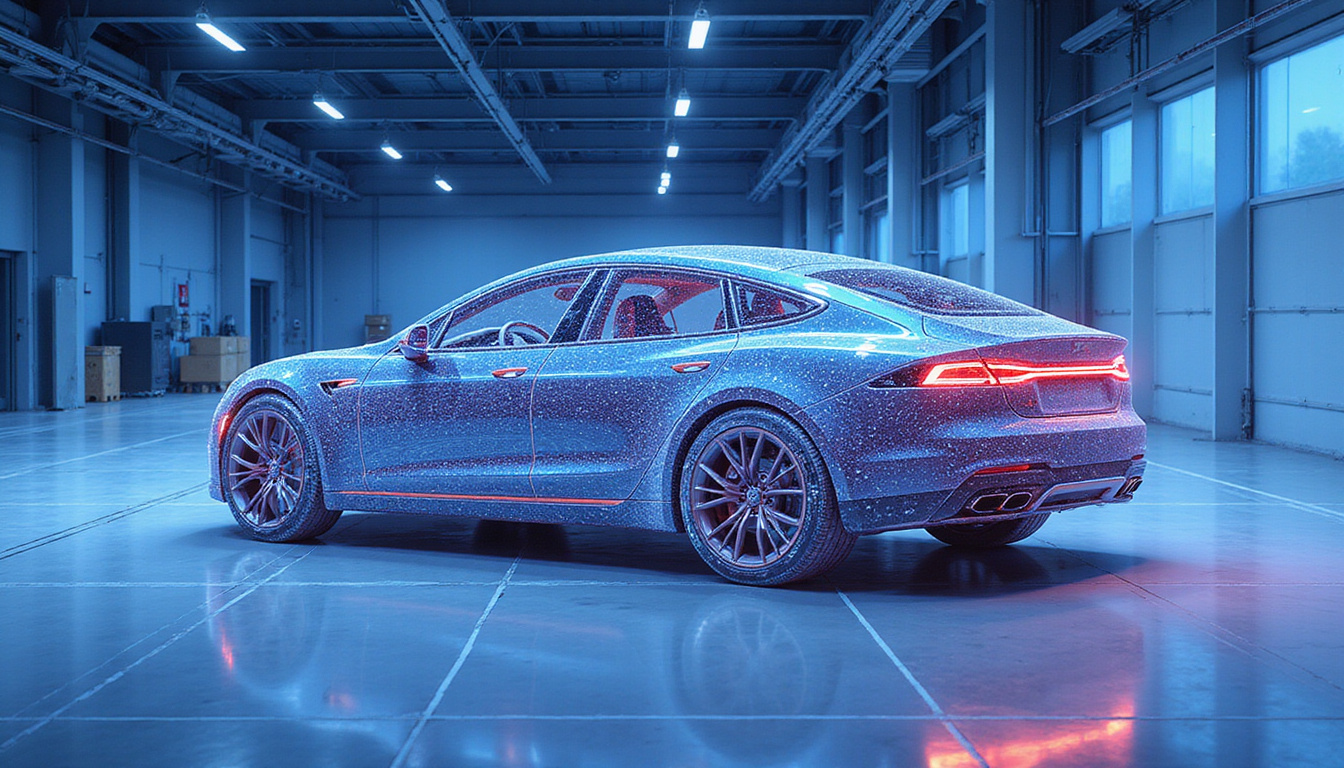  High-tech engineering blueprint style rendering of EV architecture, heat sinks, ducts, minimal drag silhouette