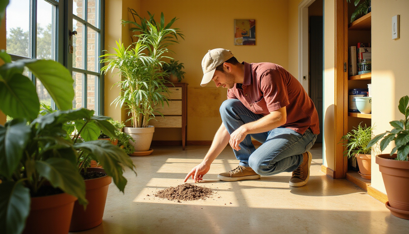  Heroic homeowner sealing cracks, placing bait stations, green plants, tidy pantry, warm golden light