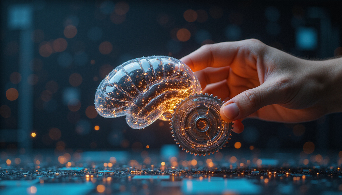  Human hand adjusting neural network gearbox, transparent interface, ethical oversight, warm lighting