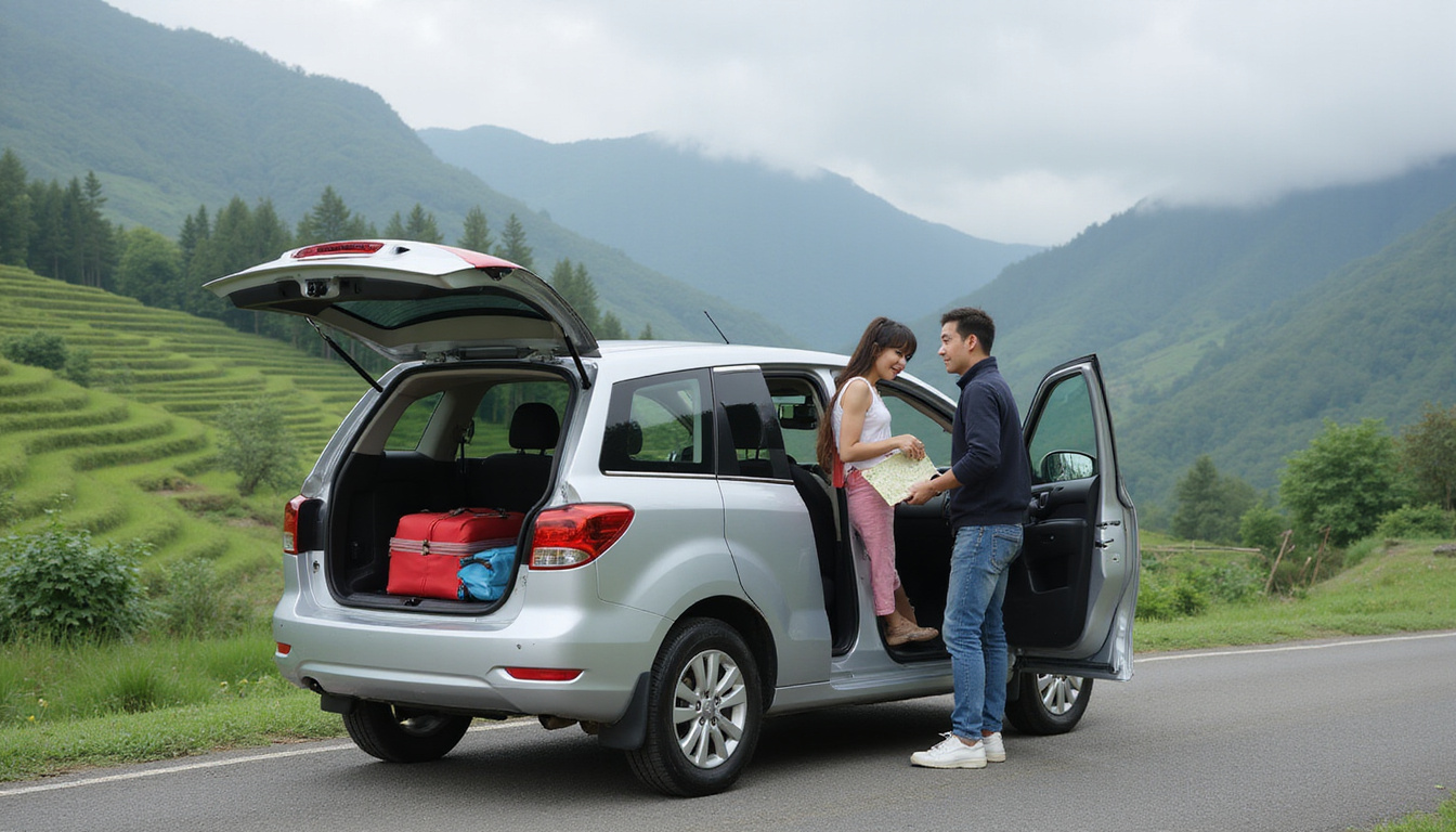  Couple loading luggage into compact car beside rice terrace, safety checklist and map