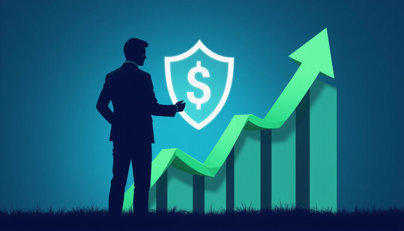  Investor silhouette protected by shield, rising green graph, secure vault, calm blue palette