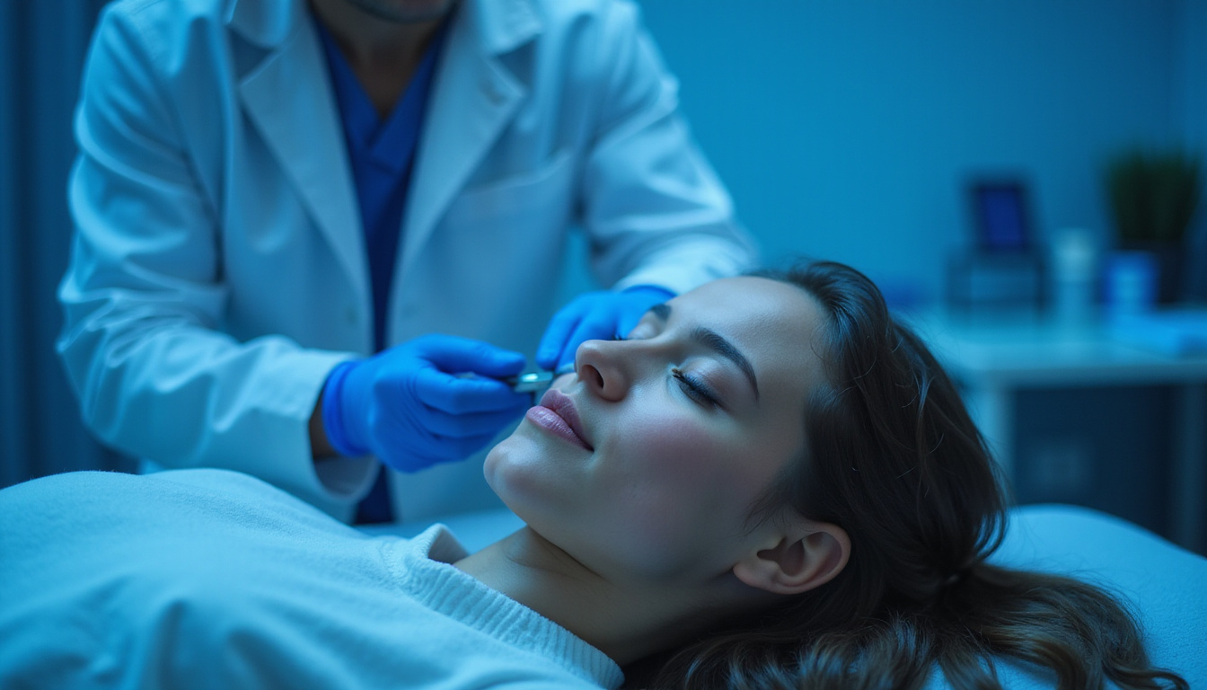 Clinical scene with therapist applying sticky electrodes, soft blue light, soothing atmosphere