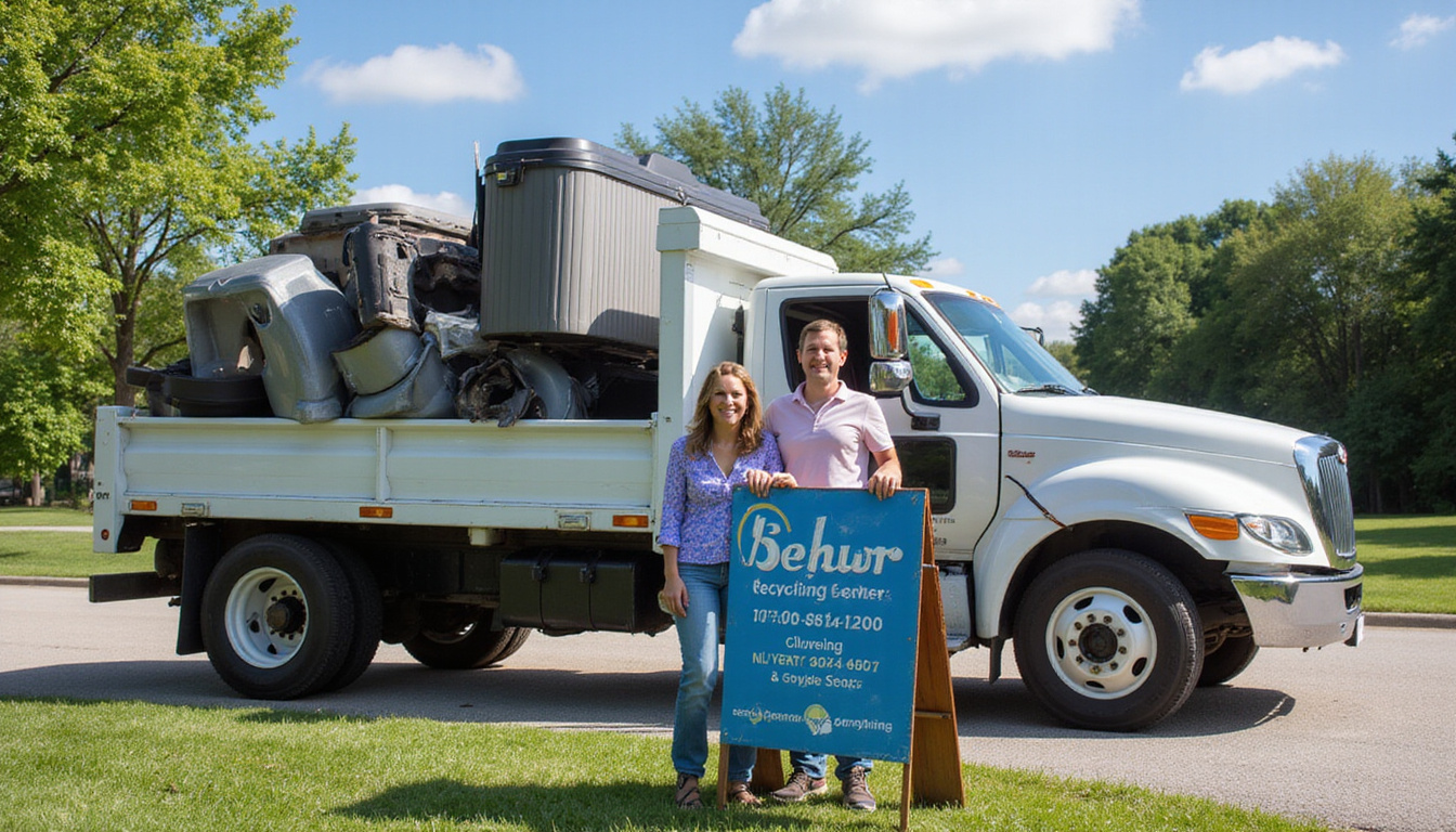  Pickup truck loaded with disassembled hot tub parts, smiling homeowners, recycling center sign