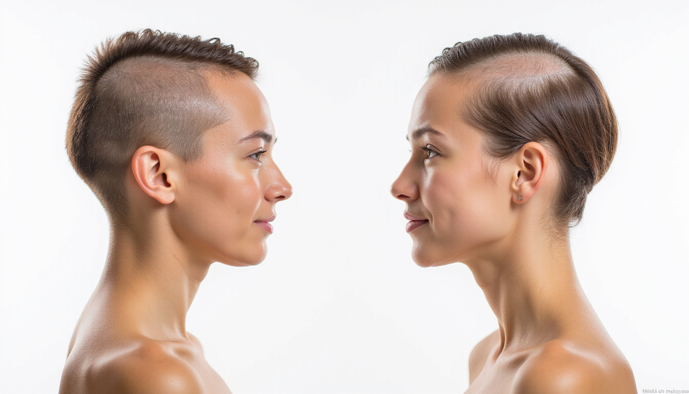  Split-image before-and-after hairline regrowth, subtle medical icons, calm patient smile, minimalist white background