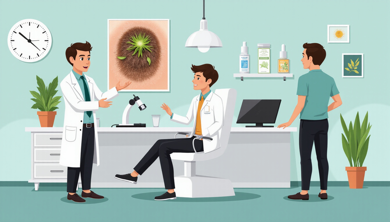  Dermatologist explaining hair follicle stimulation to patient, botanical treatments and microscopic scalp imagery