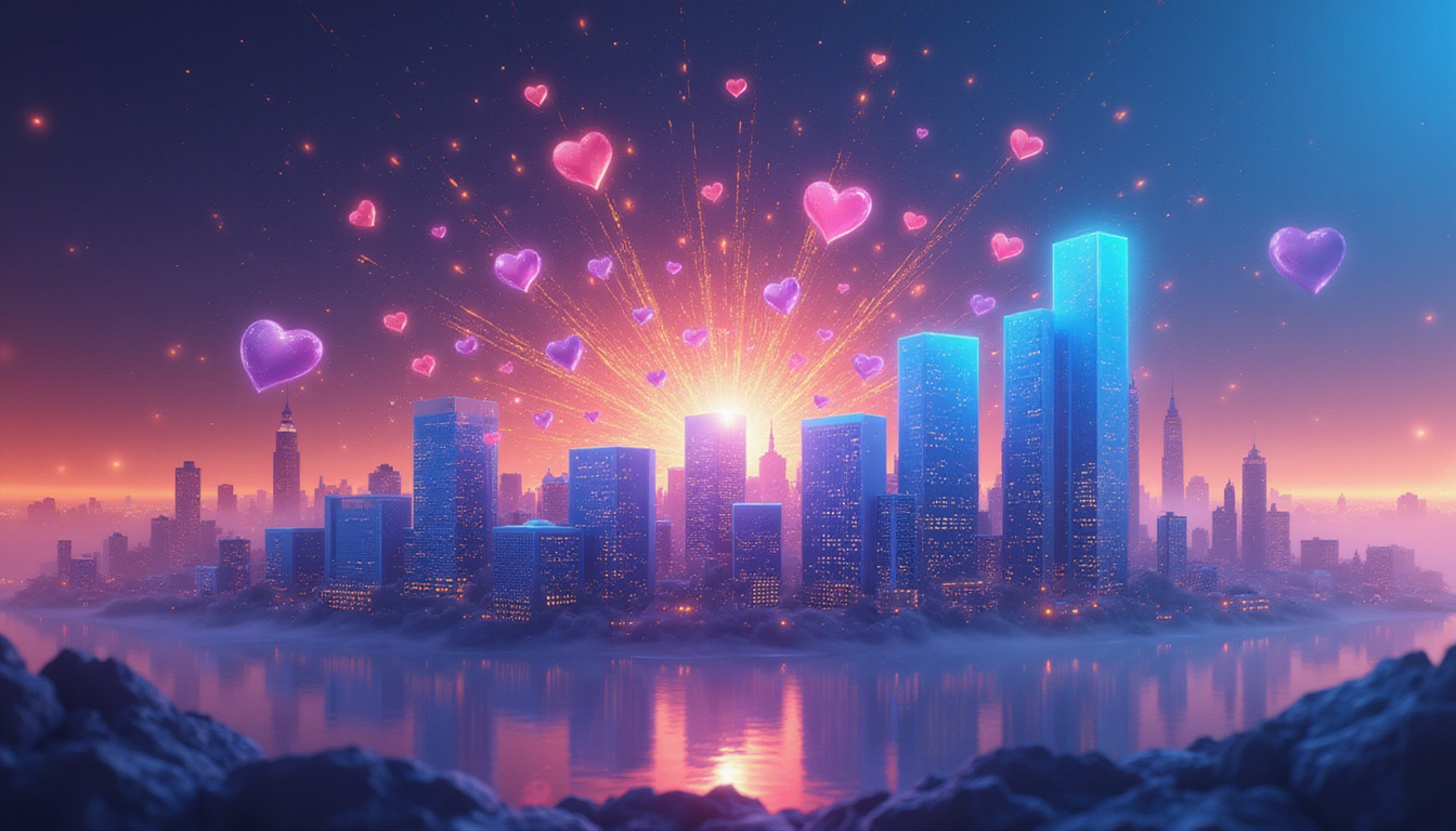 Analytics dashboard exploding with upward bars, retention hearts, coins raining, futuristic city skyline