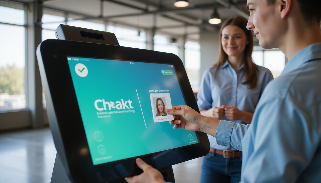 Futuristic kiosk scanning biometric ID, friendly staff, green checkmark, fraud prevention, seamless experience