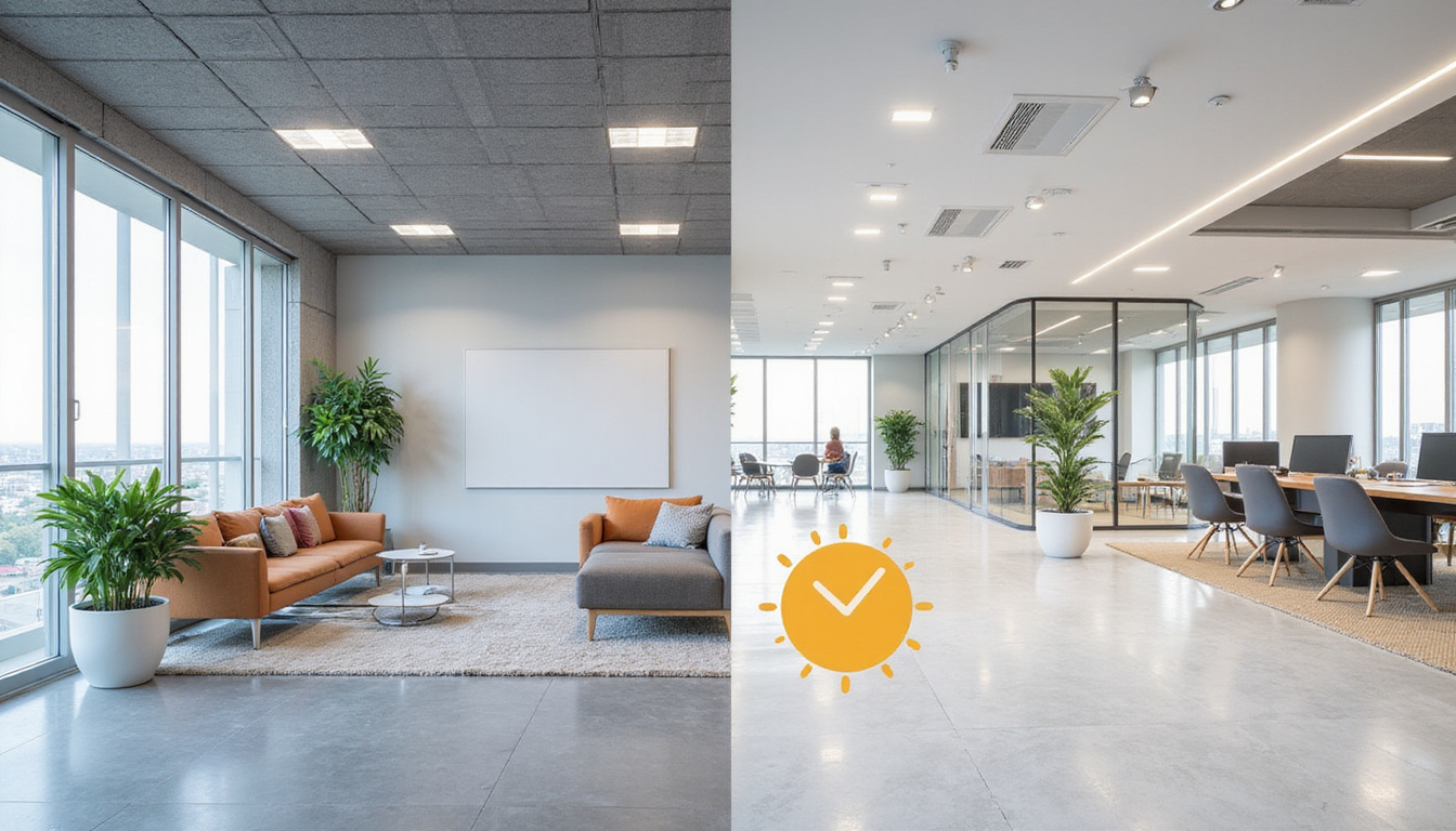 Before-and-after corporate office transformation, spacious minimalist interior, infographic overlay showing cost and time savings