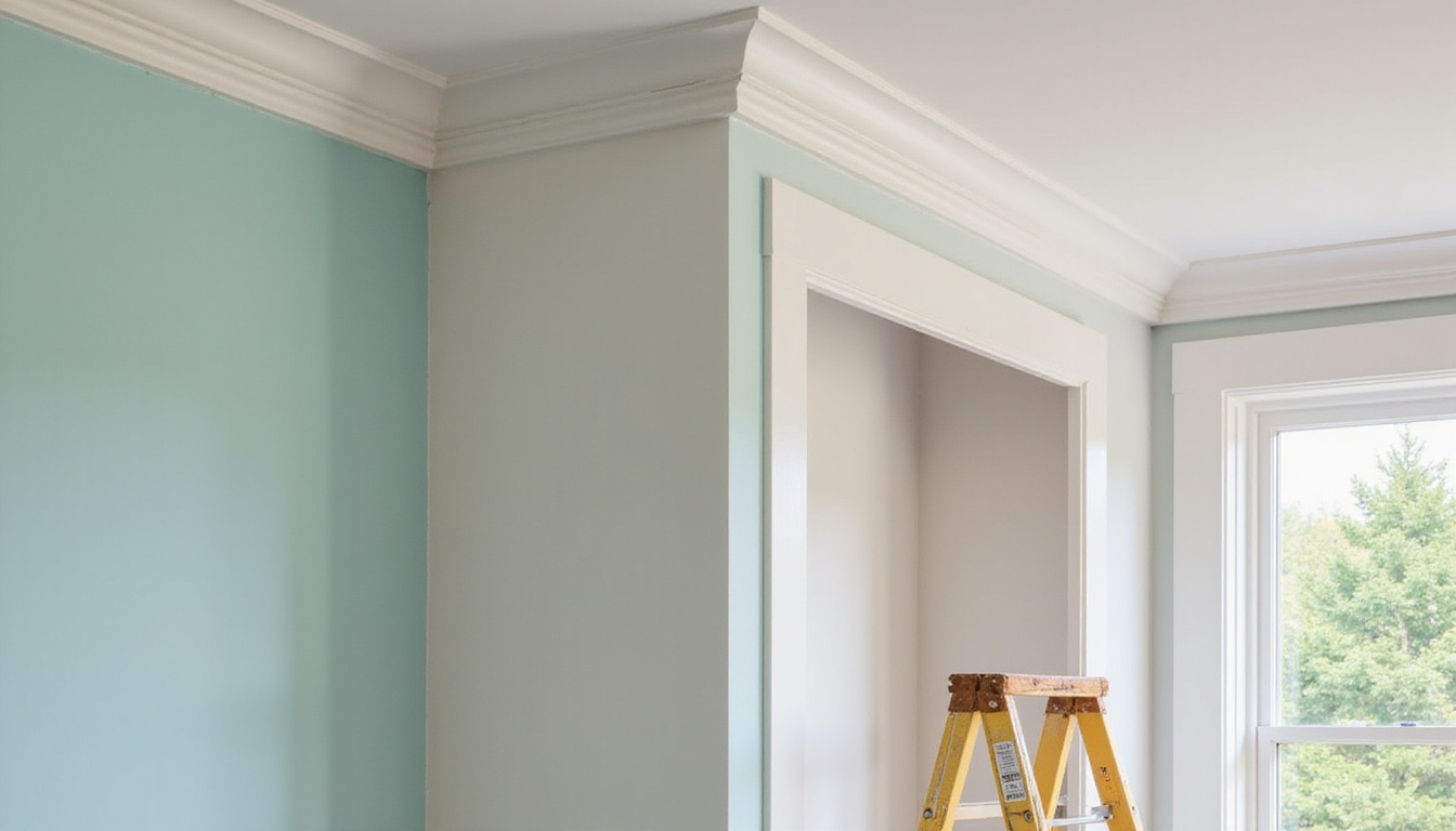  DIY carpenter installing ornate crown molding, mitered corners, paint-ready surfaces, custom-built illusion