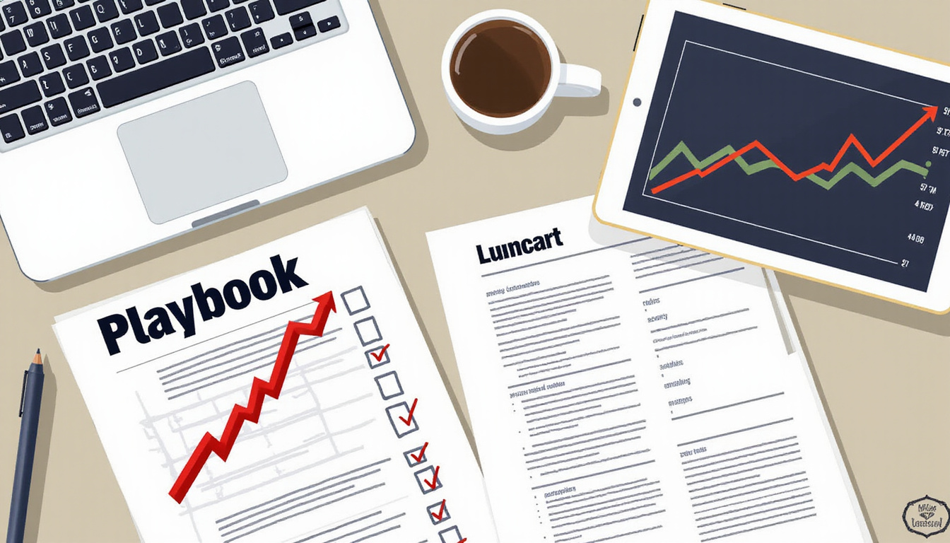  Playbook flat-lay: checklist, contracts, laptop showing rising federal revenue graph, bold GovScout logo