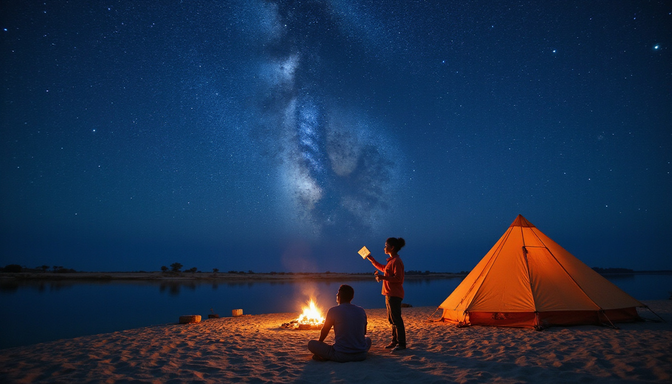 Remote Nubian sandbar campsite on Nile, campfire lantern, astronomer with star chart, vivid constellations