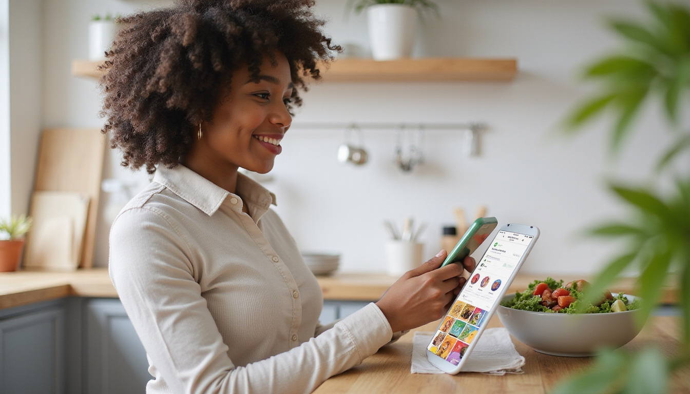  Smiling woman checking smartphone ordering low-carb hacks menu, colorful icons, guilt-free meal checklist