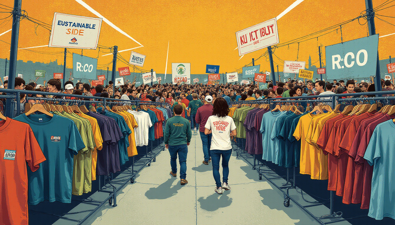  Crowded racks emptying, people grabbing sustainable shirts, sold-out signs, eco-conscious shoppers rushing
