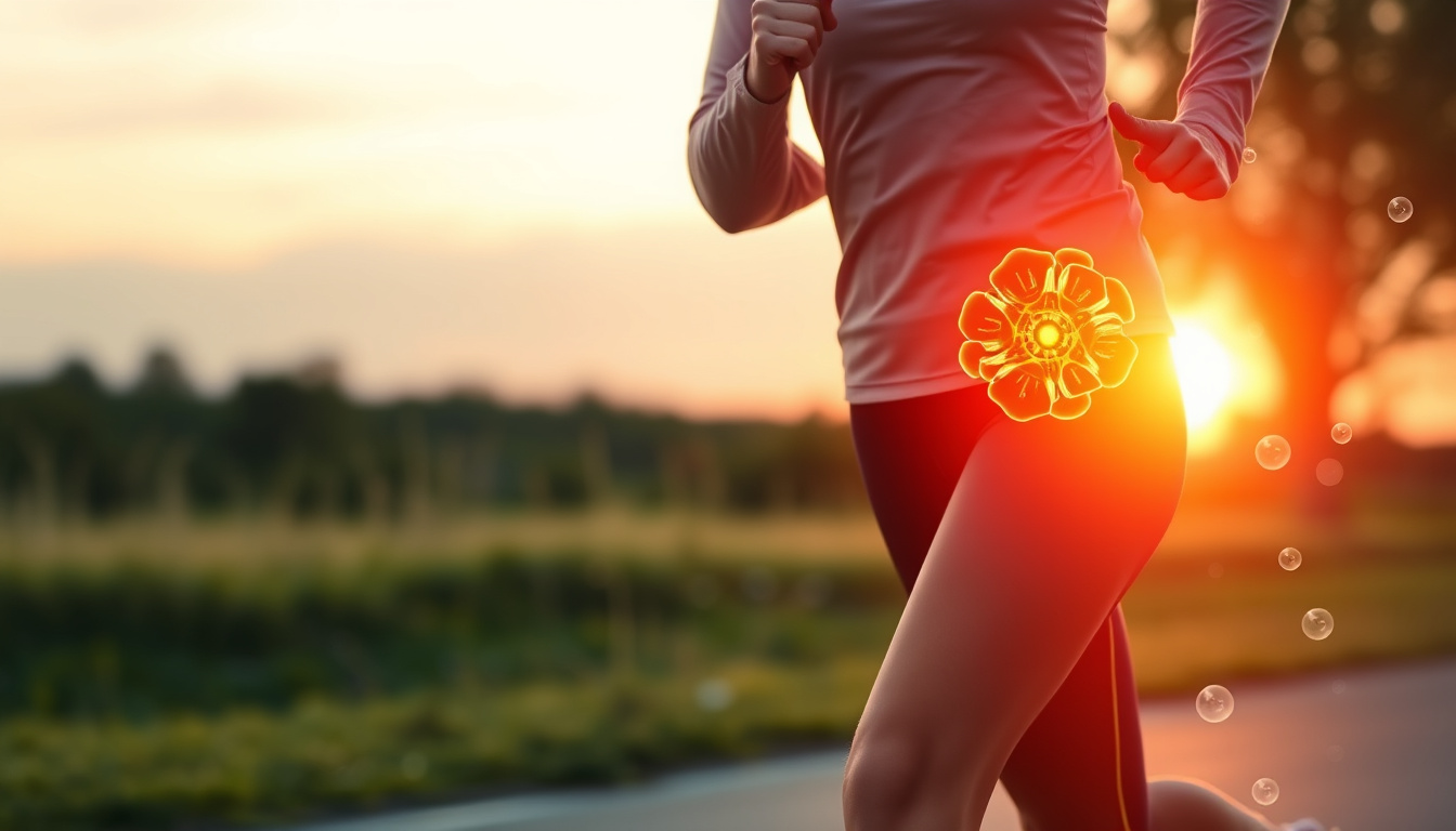  Active older woman jogging, translucent joint overlay showing chondroitin molecules, vibrant hopeful sunrise