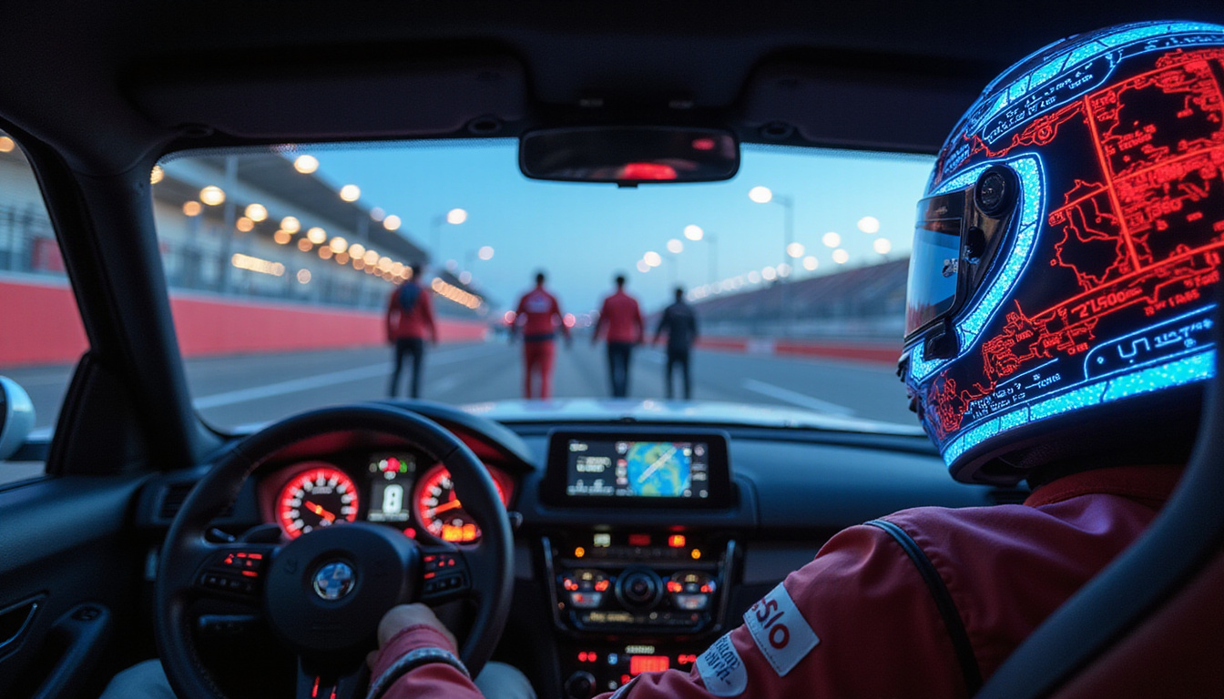 Driver with illuminated helmet viewing HUD telemetry overlay, pit crew silhouettes, strategic focus